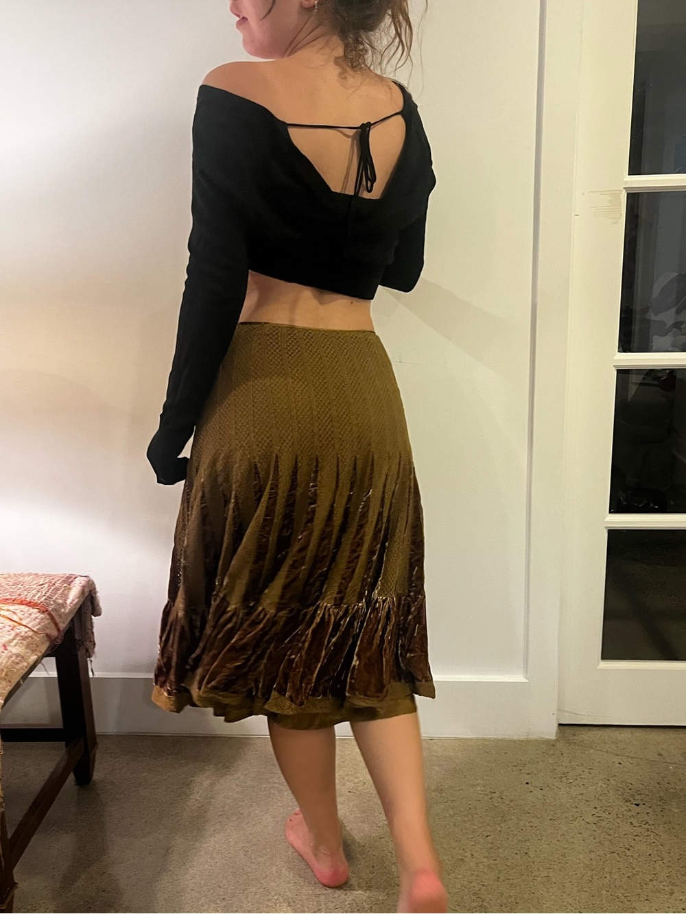 Free People Olive Skirt with Illusion Pleated Lace and Velvet Hem